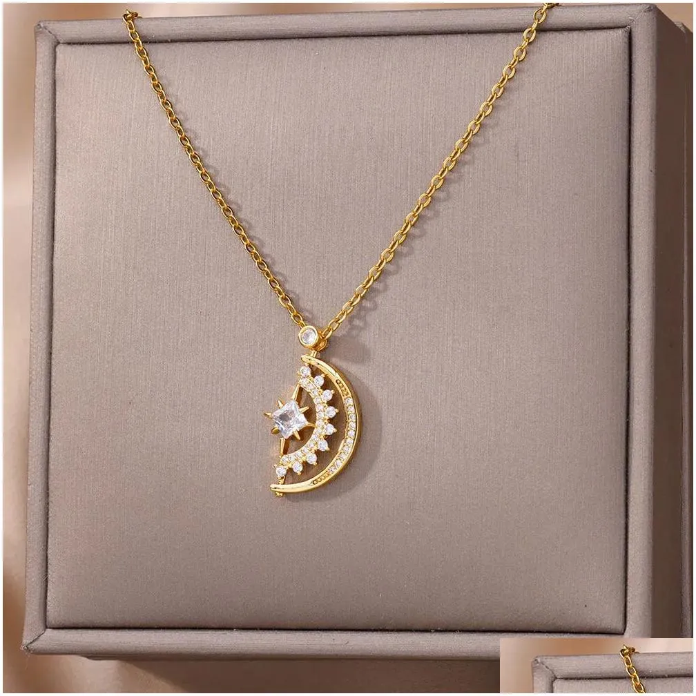 14k Gold Semicircle crescent moon Necklace For Women Girls Zircon star moon necklace Vintage Jewelry Collier