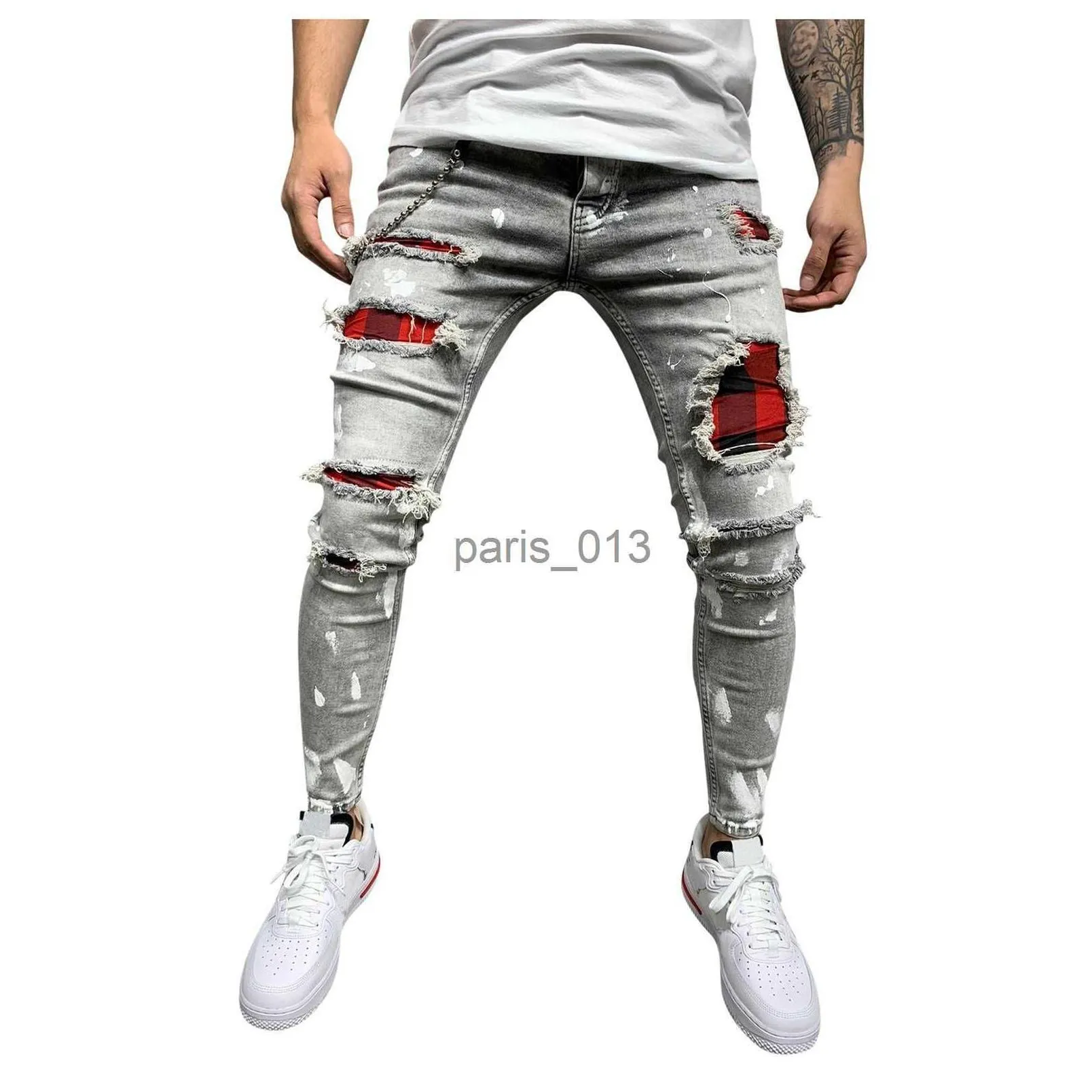 Men`S Jeans Mens New Denim Straight Pocket Stitching Plaid Trousers Died Pants Men Casual Loose Undefined P3 210318 Drop Delivery App Dho1T