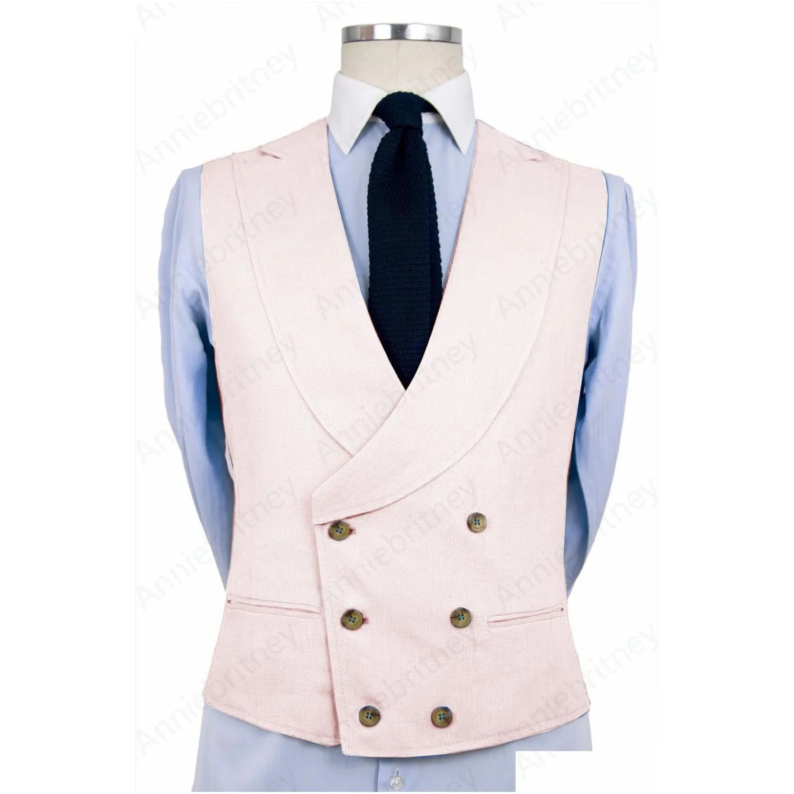 Men`S Suits & Blazers Mens Custom Made Blue Double Breasted Vest With Shawl Lapel Slim Fit Beige Groom Man Wedding Beach Waistcoat Sl Dhutg