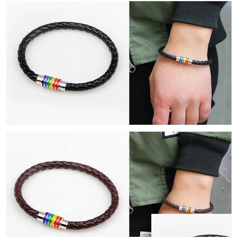 Charm Bracelets New Arrival Rainbow Woven Leather Stainless Steel Magnetic Buckle Bracelet Jewelry For Men Women Epacket Ship Drop De Dhs3T