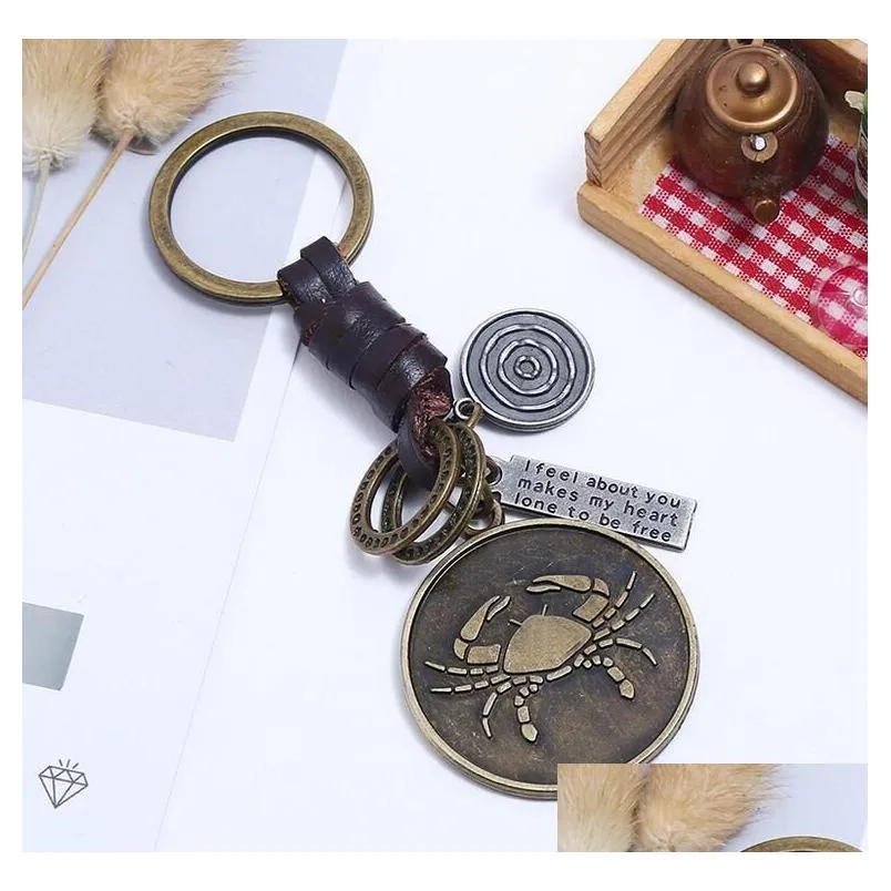 Keychains & Lanyards 12 Constellation Keychain Cowe Zodiac Retro Woven Key Chain Bronze Keyring For Birthday Gift Drop Delivery Fashi Dh1Y6