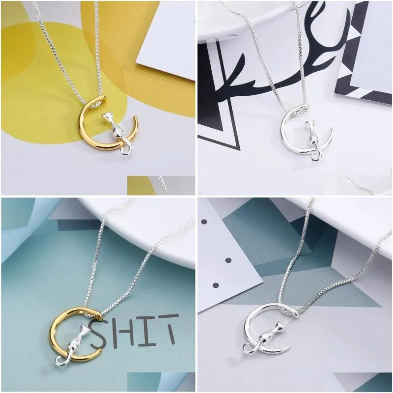 Hot Fashion Cat Moon Pendant Necklace Charm 14K Gold Color Link Chain Necklace For Pet Lucky Jewelry For Women Gifts