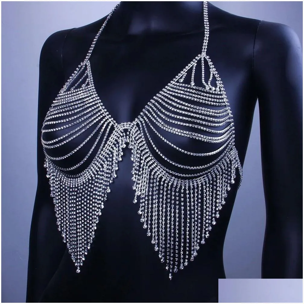 Other Luxury Mesh Tassel Chest Chain Bra Top Crystal Lingerie Bikini Sexy Body Jewelry For Women Festival Gift 221008