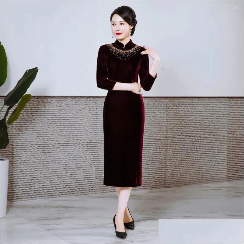 Ethnic Clothing Oversize 4XL Female Long Qipao Traditional Chinese Classic Mandarin Collar Velour Cheongsam Dress Exquisite Rhinestone