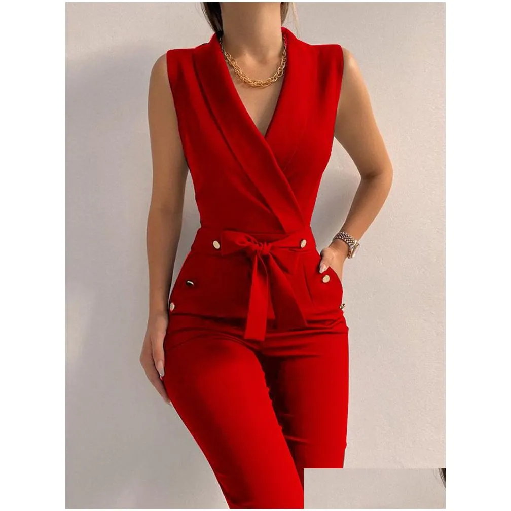 Women`S Jumpsuits & Rompers Y Black Office Jumpsuit Lady Elegant Pocket Metal Button Bodycon Playsuit Casual Sleeveless Lace-Up Rompe Dhca3