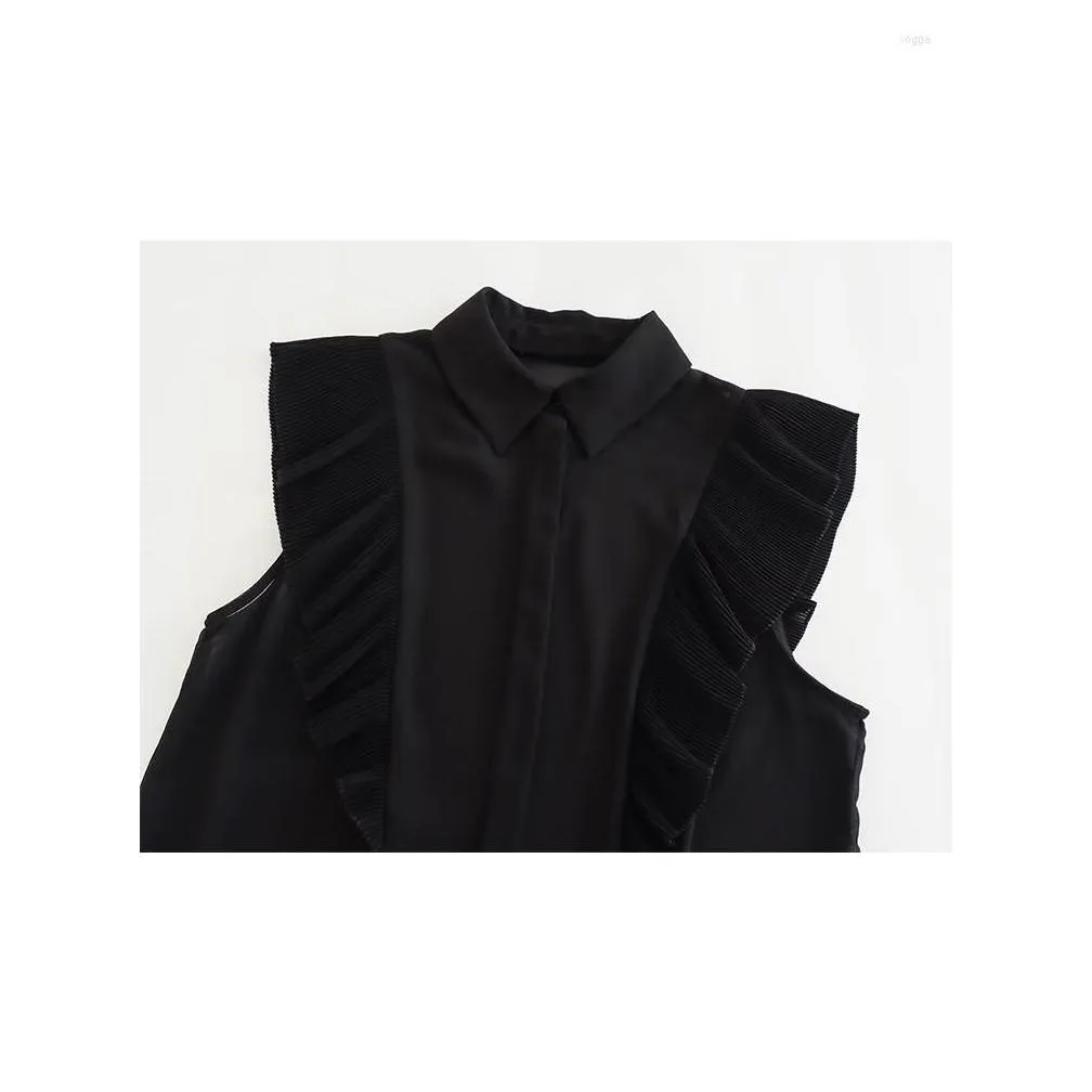 Women`s Blouses 2023 Black Shirt Ruffles Translucent Woman Sleeveless Lapel Tops For Women Summer Shirts And