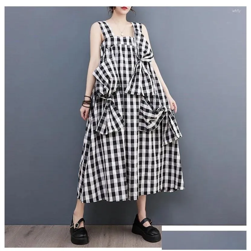 Casual Dresses Plaid Dress Women Backless Sleeveless Patchwork Bow Small  Style 2024 Summer Minority Loose W737