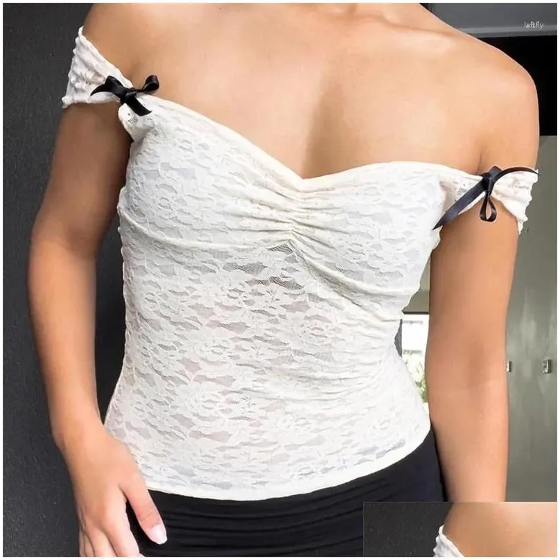 Women`s T Shirts Y2k Lace Crop Top Summer Women Solid Color Off Shoulder Sleeveless Shirt With Bow 2000s Coquette Clothes Streetwear