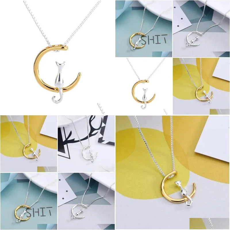 Hot Fashion Cat Moon Pendant Necklace Charm 14K Gold Color Link Chain Necklace For Pet Lucky Jewelry For Women Gifts