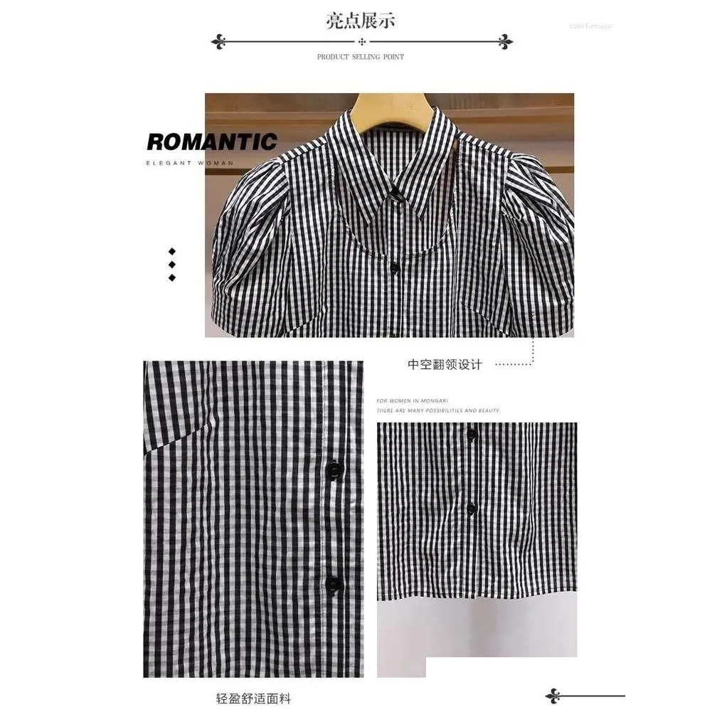 Women`s Blouses High Quality Luxury Design Sense Shirt 2024 Summer American Retro Plaid Lapel Hollow-out Puff Sleeve Top Sweet Women