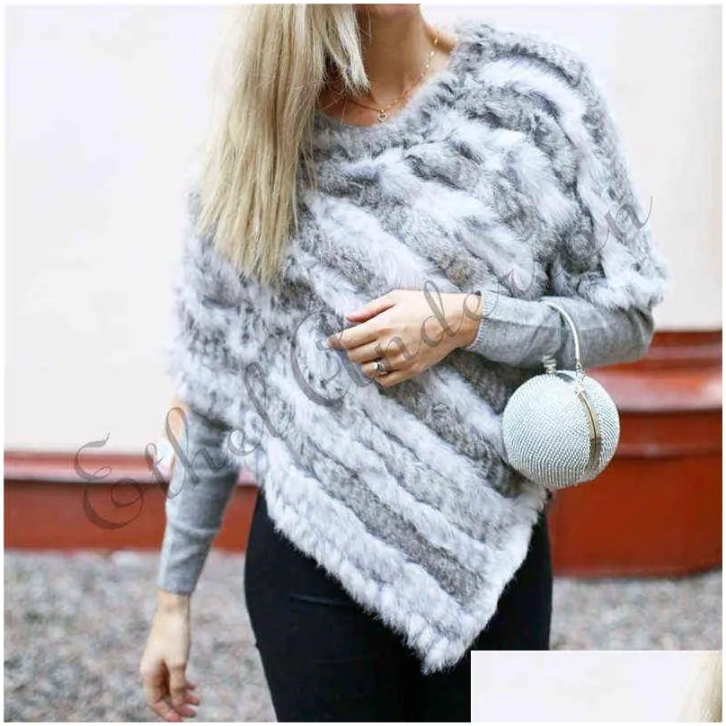 Women`S Fur & Faux Ethel Anderson Real Knitted Rabbit Poncho Vest Fashion Wrap Coat Vtg Shawl Lady Natural Wedding Party Wholesale 220 Dhf62