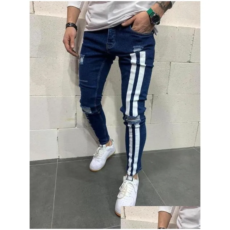 Men`S Jeans Mens Trendy Men Skinny Biker Destroyed Frayed Fit Denim Ripped Pants Side Stripe Pencil Hip Hop Streetwear Drop Delivery Dhfnq