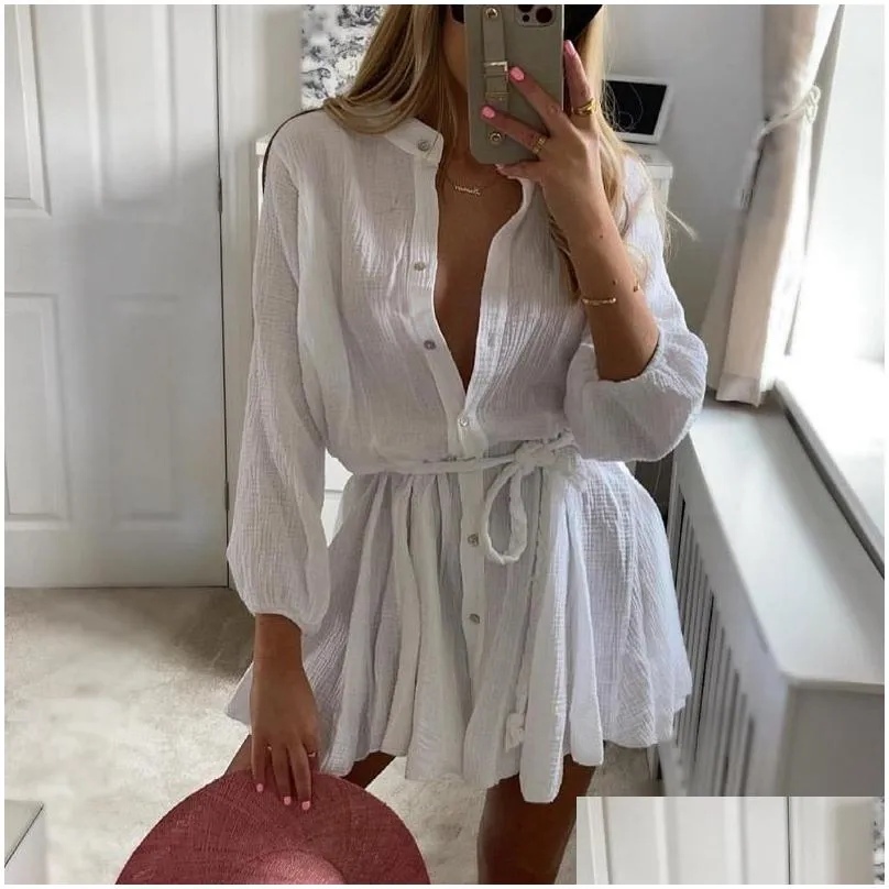 Casual Dresses Summer Beach Cover Up Elegant Commuting Button Mini Dress Lady Long Sleeve Twist Belted Women Solid Party DressCasual