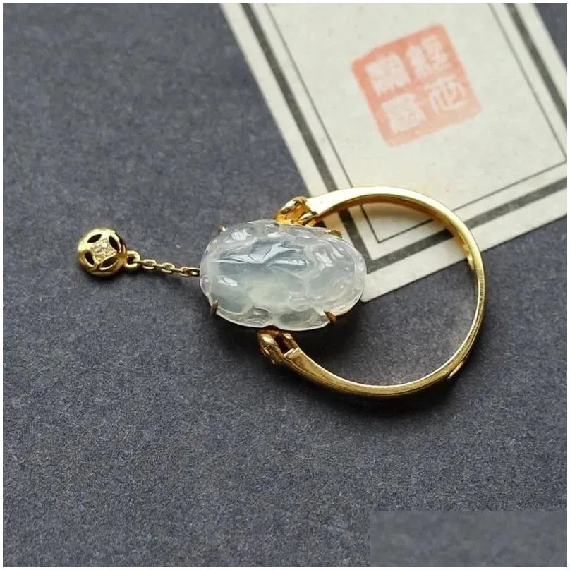 Designers New in Natural Ice Chalcedony14k Yellow Gold Coin Dual Purpose Rings for Women Pendant Chinese Style Fashion Jewelry