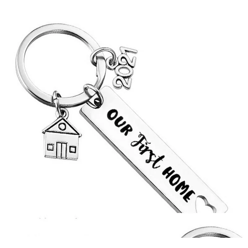 Keychains & Lanyards Stainless Steel Housewarming Keychain Pendant Family Love Creative House Lage Decoration Key Ring 12X50Mm Drop D Dhjfe