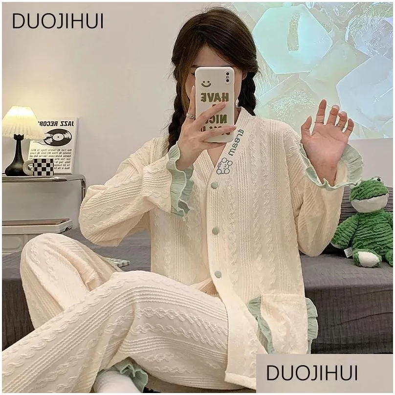 Women`s Sleepwear DUOJIHUI Ins Sweet Two Piece Casual Home Pajamas For Women Female Spring Chicly Button Cardigan Simple Pant Fashion