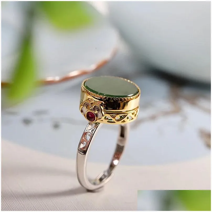 Round natural Hetian jasper 14K White Gold rings for women classic exquisite openable Gawu Box Chinese style fashion jewelry