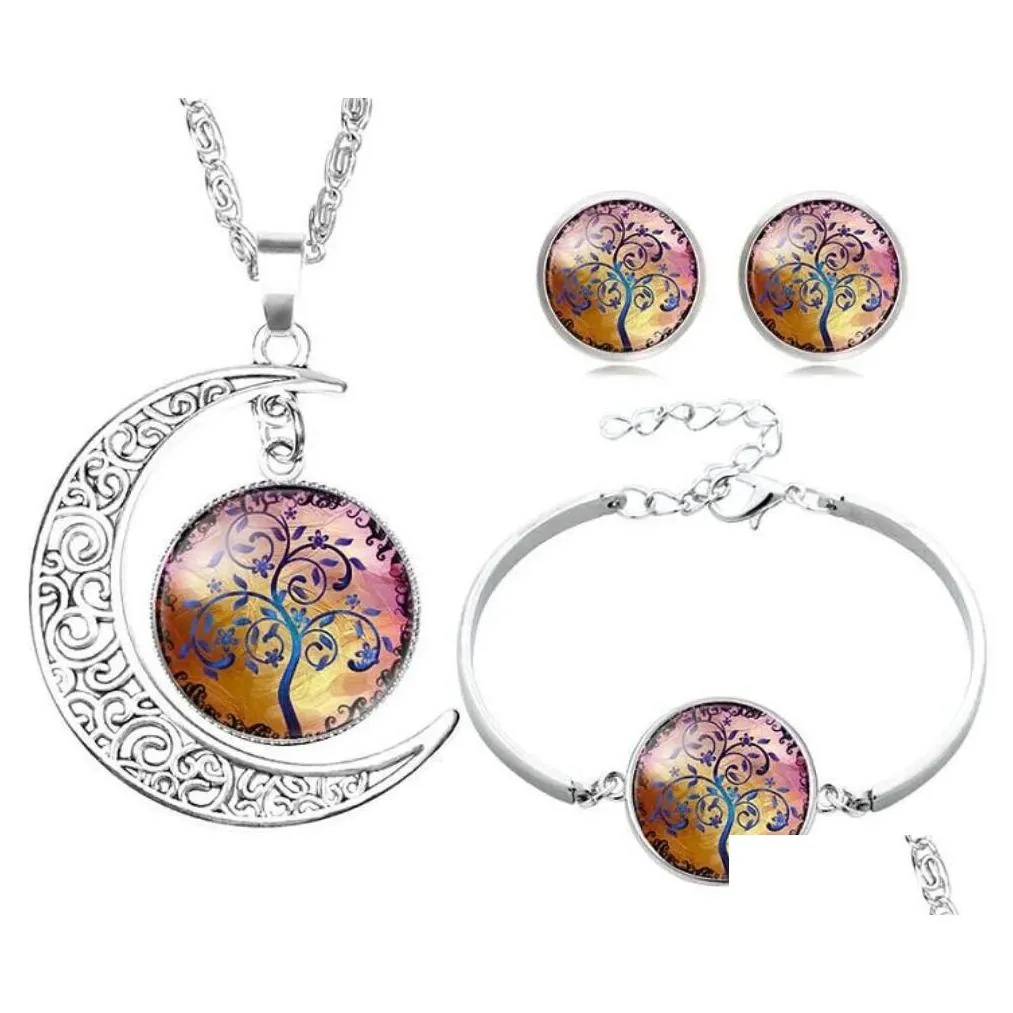 Bracelet, Earrings & Necklace Tree Of Life Bracelet Stud Jewelry Sets Glass Cabochon Chains Fashion Jewellry For Women Kids Drop Deli Dhhrv