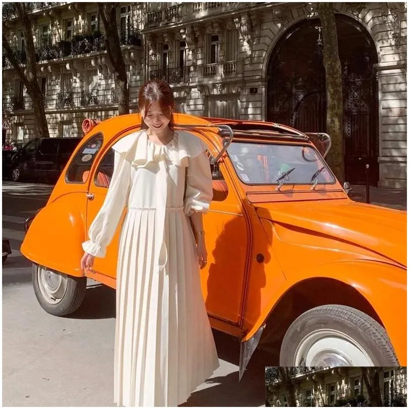 Casual Dresses Elegant Ruffle Collar For Women 2024 French Long Sleeve Bangage Pleated Maxi Vintage A Line Party Dress Q485