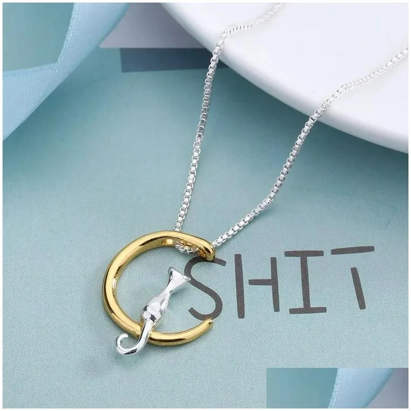 Hot Fashion Cat Moon Pendant Necklace Charm 14K Gold Color Link Chain Necklace For Pet Lucky Jewelry For Women Gifts