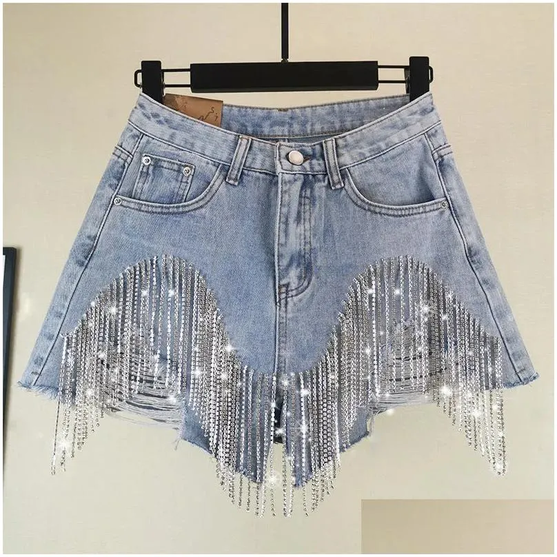 Women`S Shorts Denim Women Clothing Fashion Summer Ripped Jeans Short Femme High Waist Diamond Tassel Y2K Casual Bot For Ladies 22042 Dhe2C