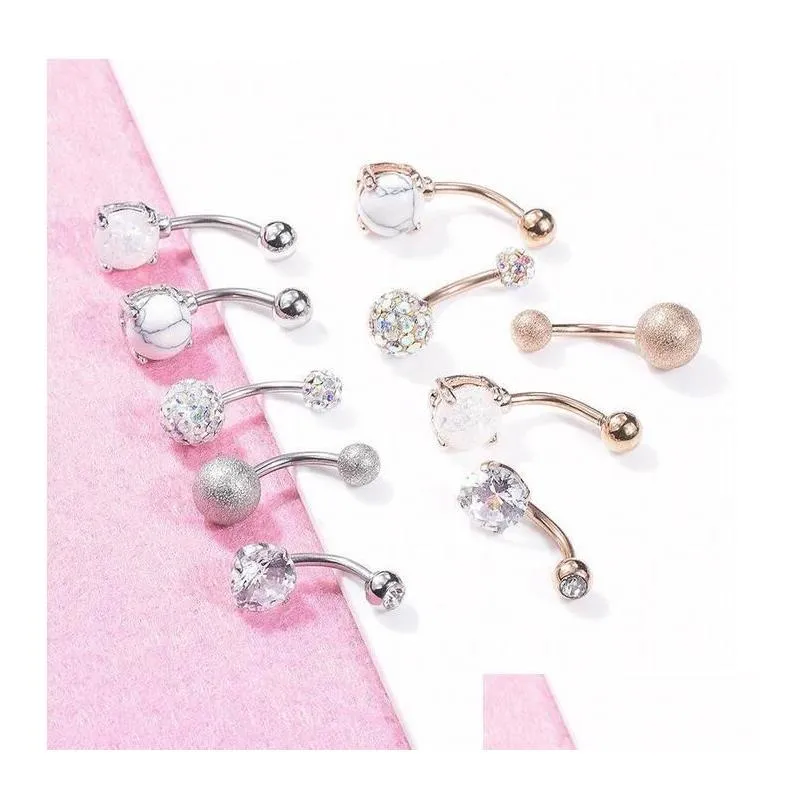 Navel & Bell Button Rings 5Pcs/Lot Zircon Belly For Women Girls Stainless Steel Sier Gold Barbell Ring Body Piercing Jewelry Wholesal Dhd1C