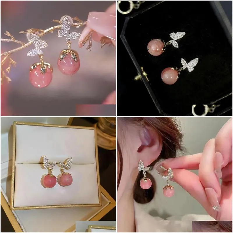 Korean Fashion Butterfly 14k Yellow Gold Earrings Earrings for Women Pink Opal Dangle Earrings Valentines Day Anniversary Birthday Jewelry