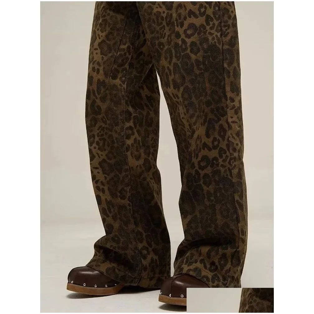 Women`S Jeans Womens Houzhou Tan Leopard Women Denim Pants Female Oversize Wide Leg Trousers Streetwear Hip Hop Vintage Clothes Loose Dhjqr