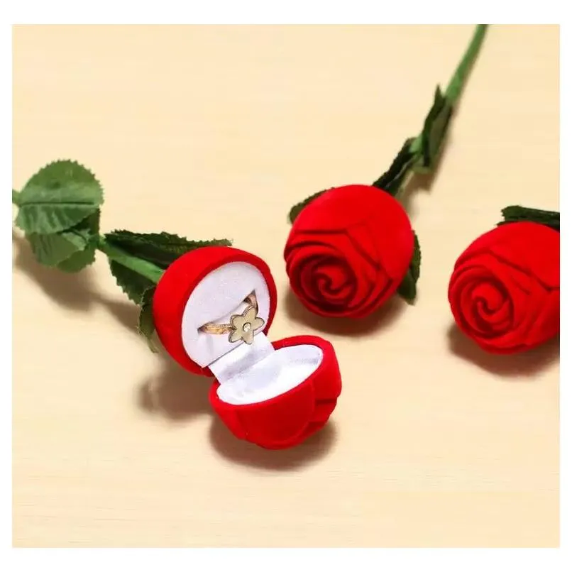 Jewelry Boxes Gift Wedding Rose Shaped Ring Box Mini Cute Red Carrying Cases For Rings Display Packaging1 Drop Delivery Packing Dhamr