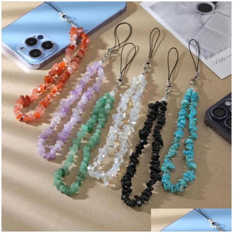 keychains 10pcs mobile phone chain for women key chains tassel natural chip quart stone bead string strap anti-lost cellphone case