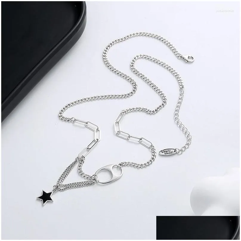 Chains Lefei Jewelry Real S925 Silver Fashion Trendy Luxury Retro Tassel Chain Black Star Necklace For Women Party Wedding Charms