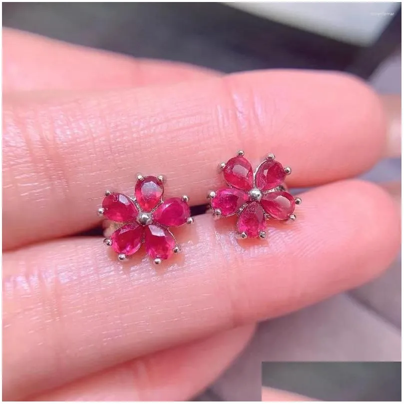 Hoop Earrings 925 Silver Flower Stud For Daily Wear 3mm 4mm Total 1.2ct Heated Natural Ruby With 3 Layers 18K Gold Plated