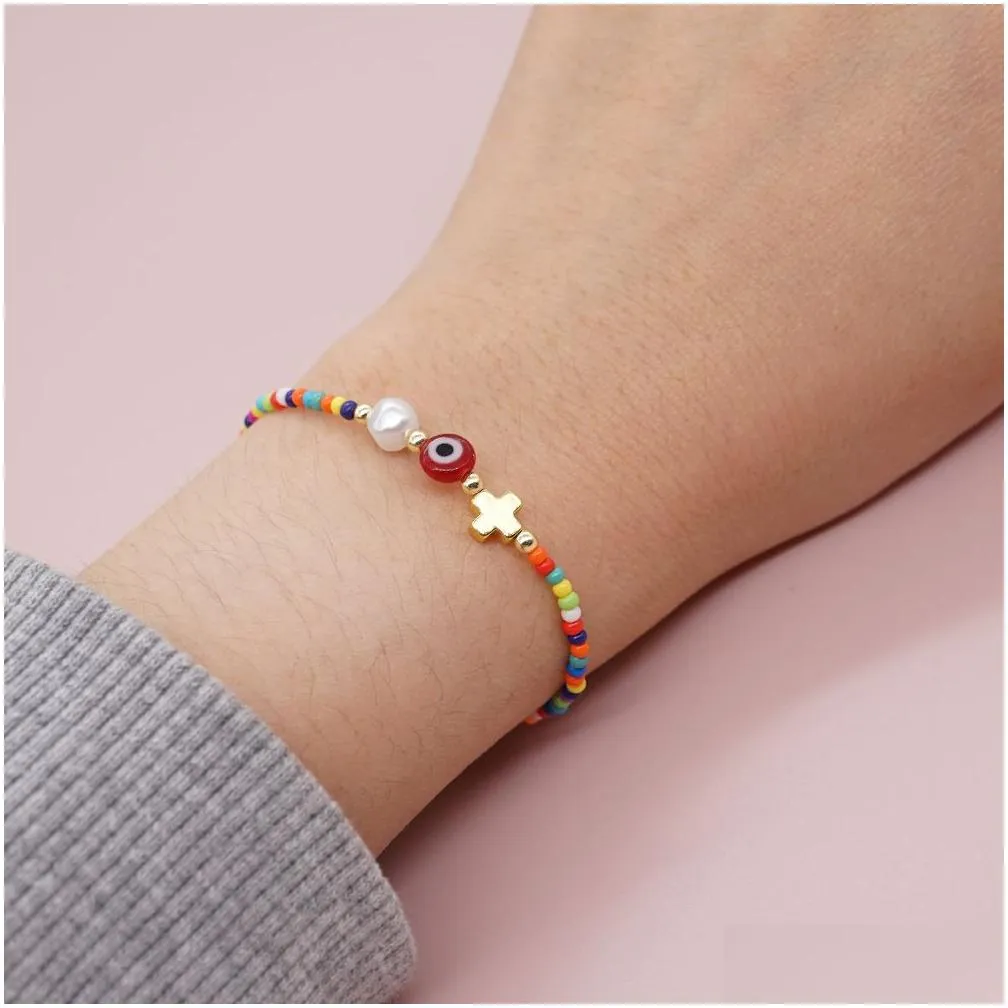 20pcs/lot Pearl Christian Cross Evil Eye charms Bracelets Beaded Colorful Bracelets for Woman as Speical Fashion Jewelry Gift