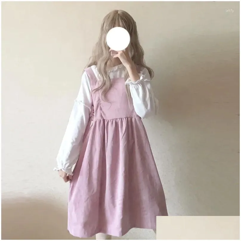 Work Dresses Japanese Kawaii Matching Sets Long Sleeve Ruffles Shirts Pleated Stitching Lace Up Vests Spring Preppy Style Girl Set