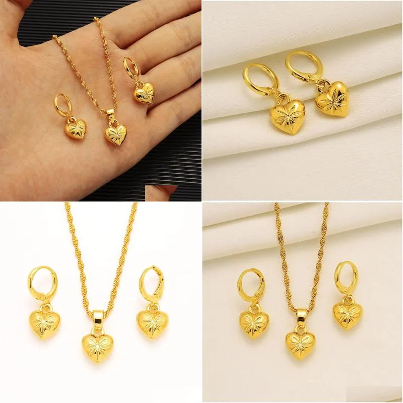 14k Yellow Solid Fine Gold dubai india heart African Set Necklace pendant Earrings Ethiopia wedding bridl jewelry sets