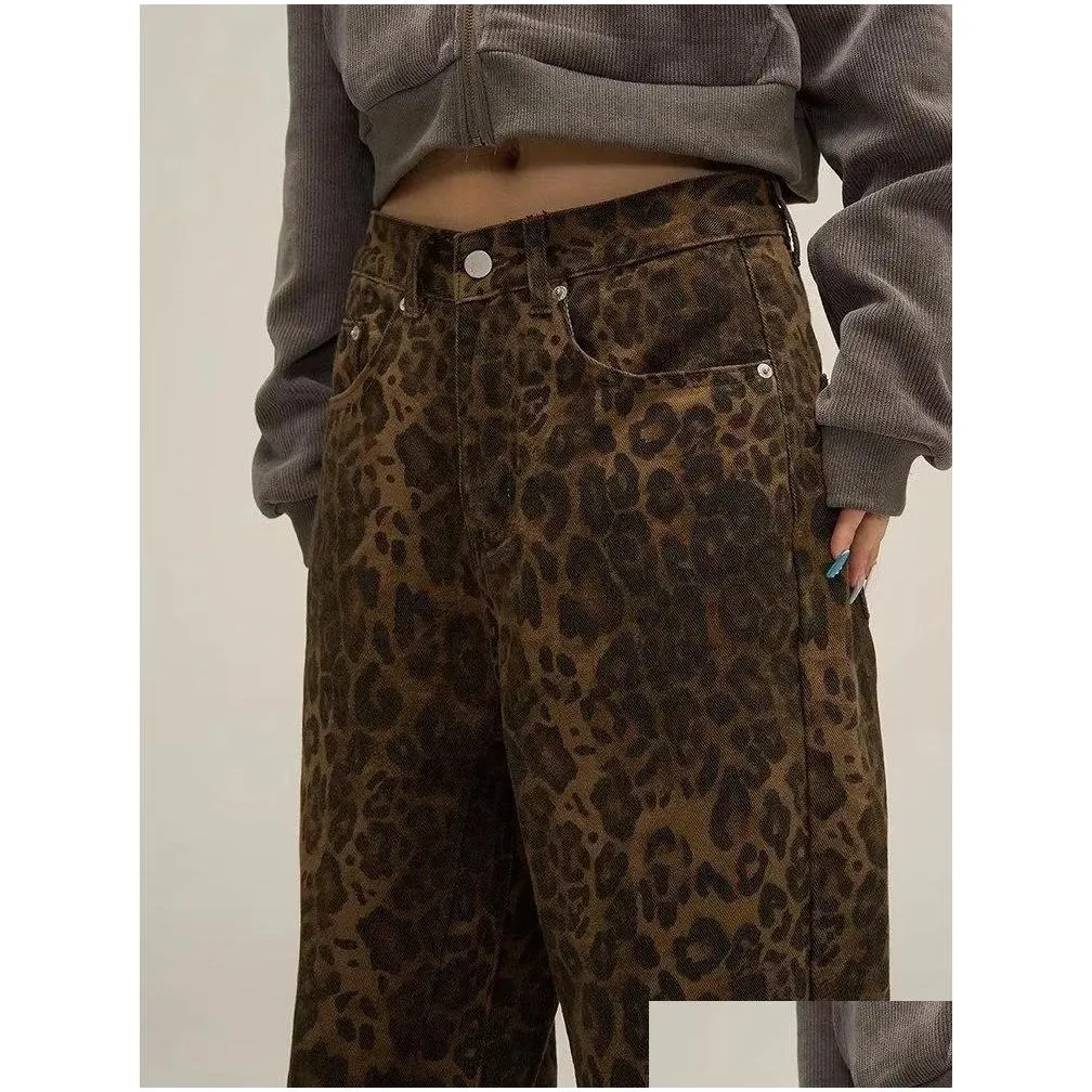 Women`S Jeans Womens Houzhou Tan Leopard Women Denim Pants Female Oversize Wide Leg Trousers Streetwear Hip Hop Vintage Clothes Loose Dhjqr