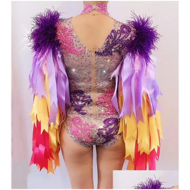 Basic & Casual Dresses Drop Colourf Feather Sleeve Bodysuit Women Nightclub Bar Party Outfit Performance Dance Costume 220812 Deliver Dhkpb