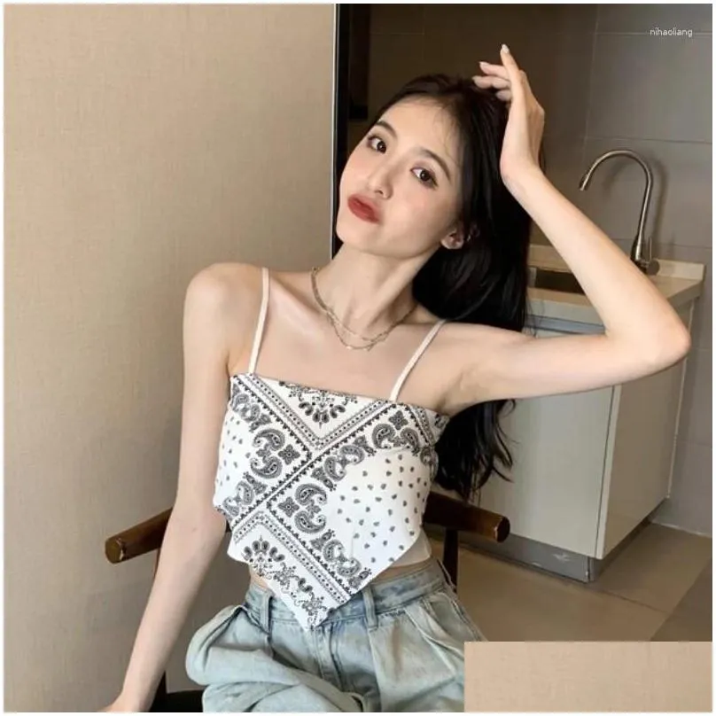 Women`s Tanks Summer Chic Design Vest 2024 Women Retro Printing Fashion Street Sexy Versatile Slim Backless Sweet Tank Top