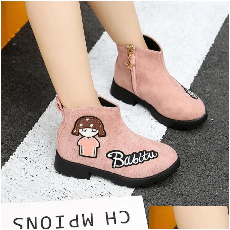 Boots Children Kid Baby Girls Ankle Sport Zip Short Bootie Casual Shoes Solid Flock Soft Lovely Cartoon Rubber