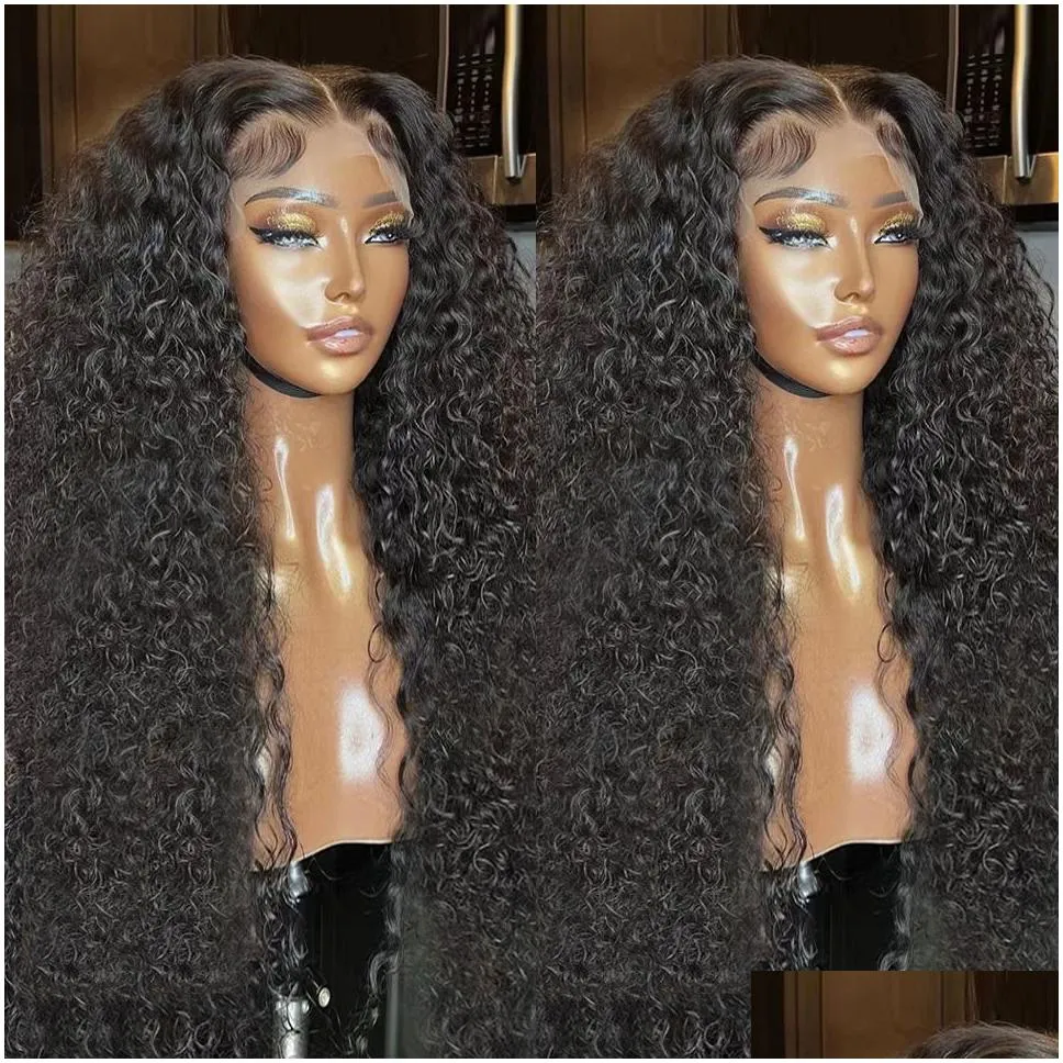 180Ddensity Curly Simulation Human Hair Wigs Brazilian Water Wave Lace Front Wigs For Black Women Pre Plucked Black Color Deep Wave Synthetic Frontal