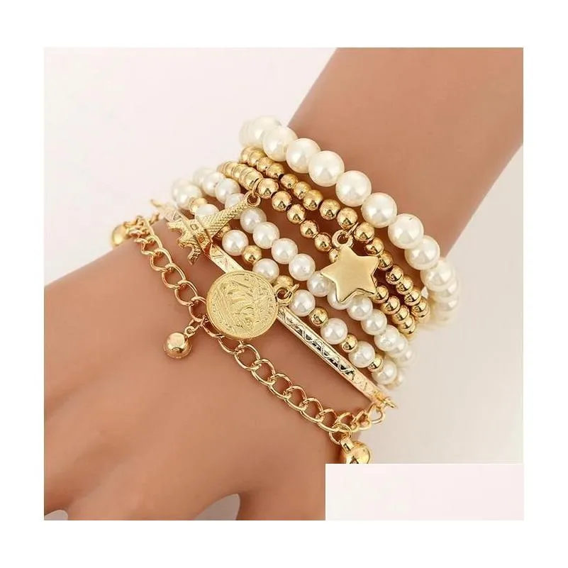 Charm Bracelets 6Pcs/Set Gold Sier Color Link Chain Pearl Beads Bracelet Star Mtilayer Beaded Set For Women Party Jewelry Drop Delive Dhg28