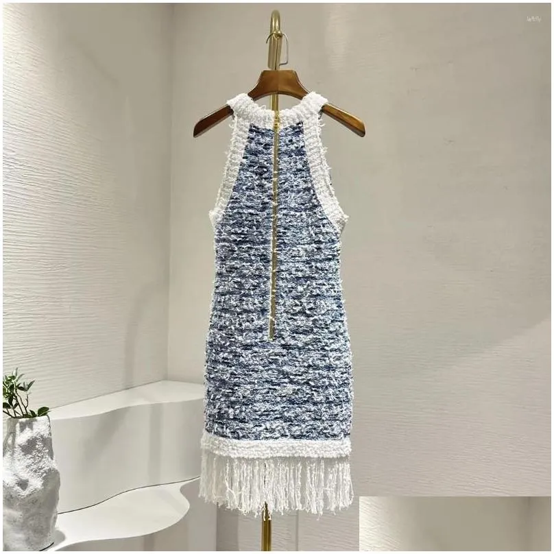 Casual Dresses Blue Sleeveless Fringed Tassels Knit Women Mini Dress 2024 Spring Summer