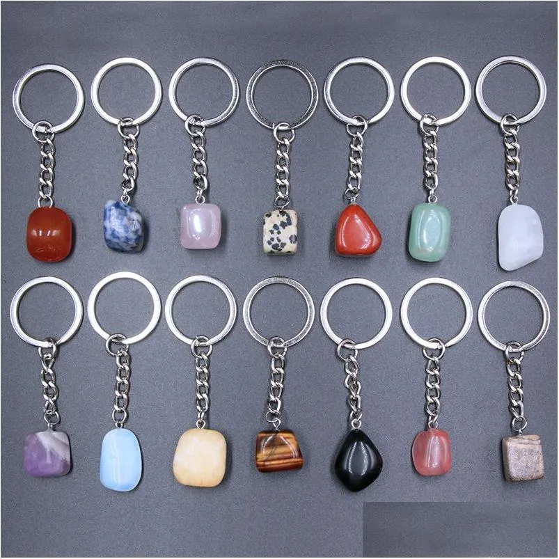 Natural Stone Crystal Quartz Keychain Women Men Handbag Hangle Car Key Holder Raw Mineral Stone KeyRing Jewelry