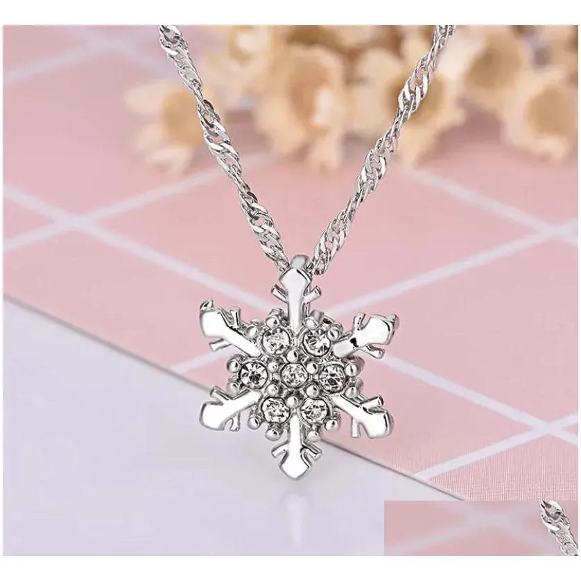 Pendant Necklaces New Arrival Blue Crystal Snowflake Frozen Flower 925 Sier Necklace Pendants With Chain Best Gift For Girl Ship Drop Dh7Pk
