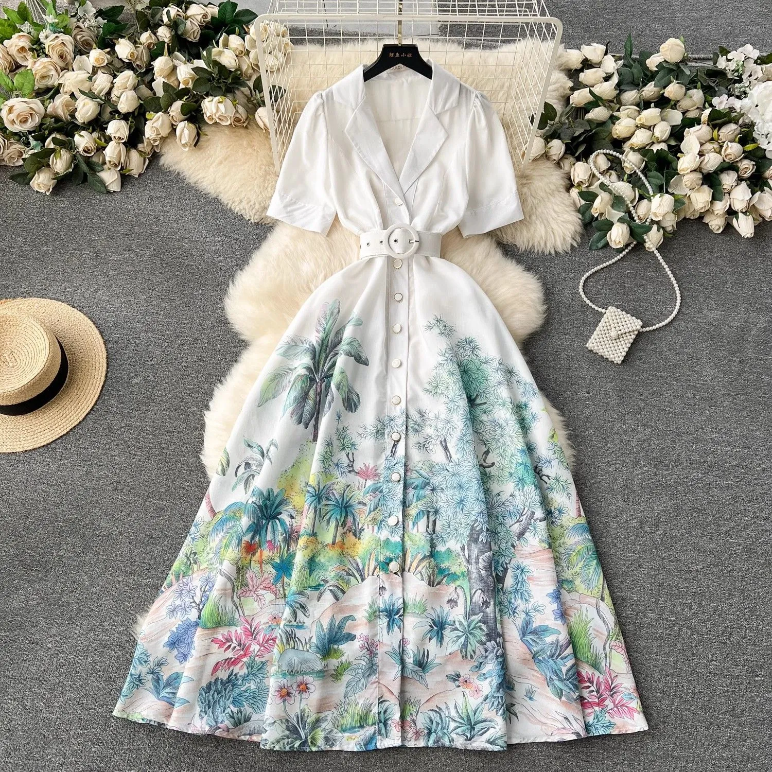 Basic Casual Women Dresses Summer Runway Beach Dress Women`s Notched Collar Short Sleeve Single Breasted Floral Print Belt Long Boho Party Vestidos