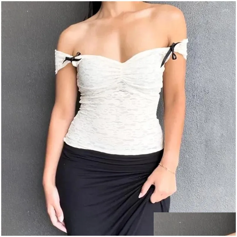 Women`s T Shirts Y2k Lace Crop Top Summer Women Solid Color Off Shoulder Sleeveless Shirt With Bow 2000s Coquette Clothes Streetwear