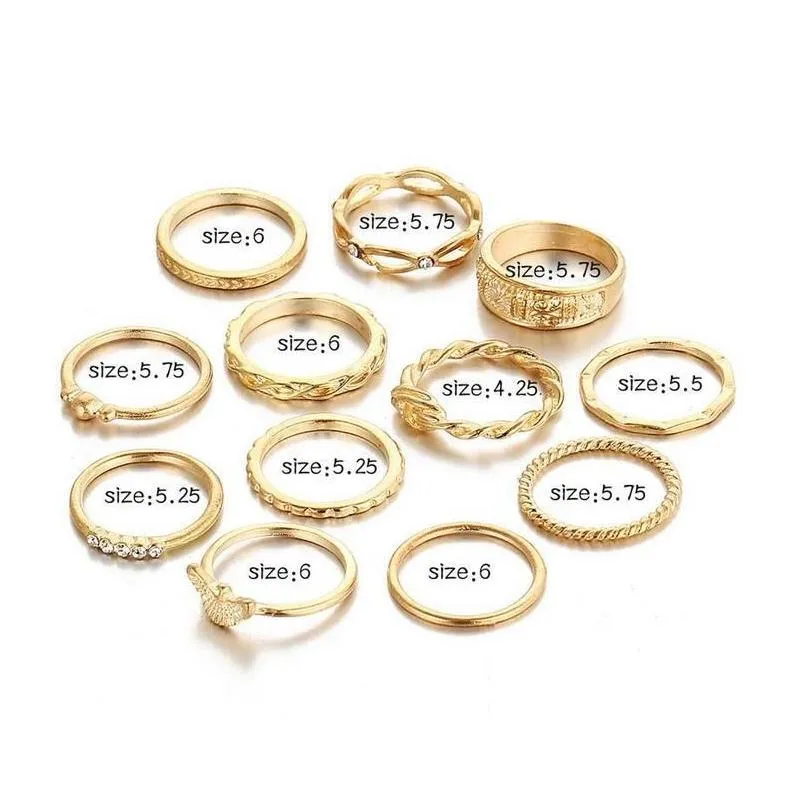 Band Rings 12 Pc/Set Charm Gold Color Midi Finger Ring Sets For Women Vintage Boho Knuckle Party Punk Jewelry Gift Drop Delivery Dhc1G