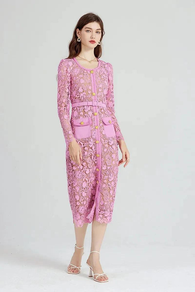 Basic Casual Dresses High Quality Women Pink Lace Hollow Out Runway Dress Ladies Temperament Celebrity Luxury O-Neck Long Sleeved Dresses Vestidos