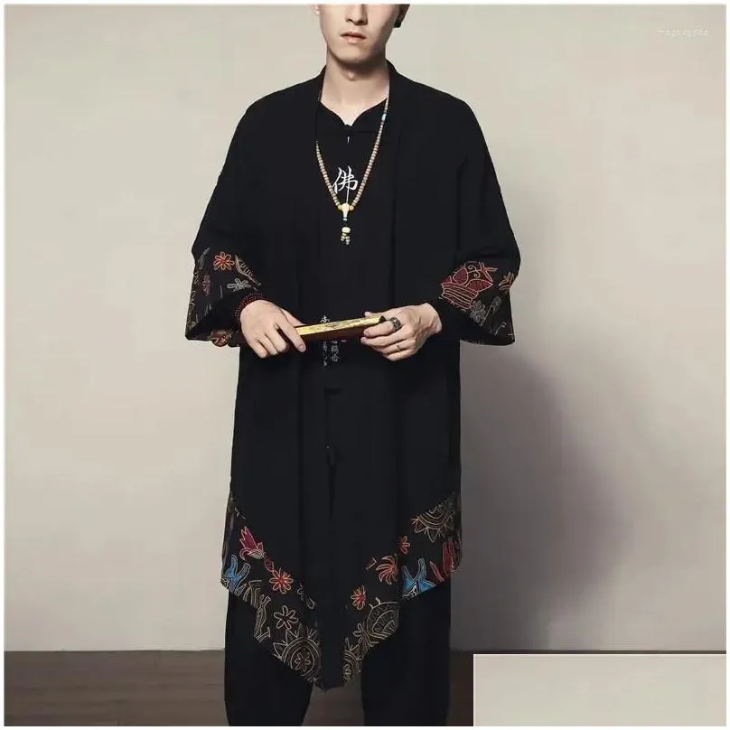 Ethnic Clothing Men`s Top Loose Coat Tang Jacket Traditional Chinese Costume Spring Summer Hanfu Mid-length