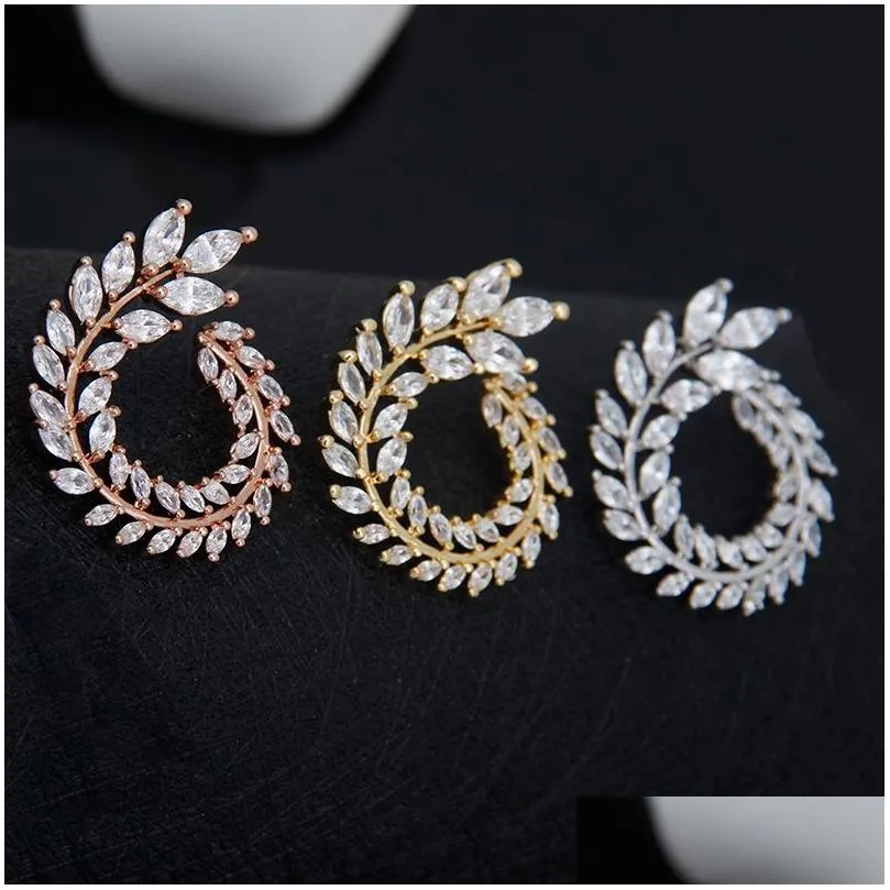 Luxury Olive Branch Cubic Zirconia Stud Earrings For Women White Gold Color Trendy Earring Brincos Gift E119